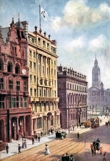 White Anchor Line Building shown alongide clock of red sandstone Evening Citizen Building in St. Vincent Place