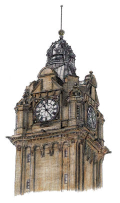Drawing of clock tower at Balmoral Hotel, Waverley Station, Edinburgh