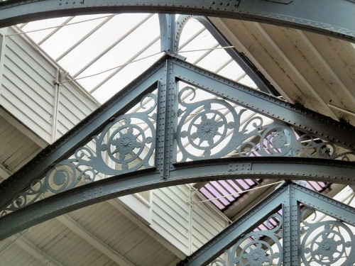 Interior view of roof truss at former Glasgow Fish Market