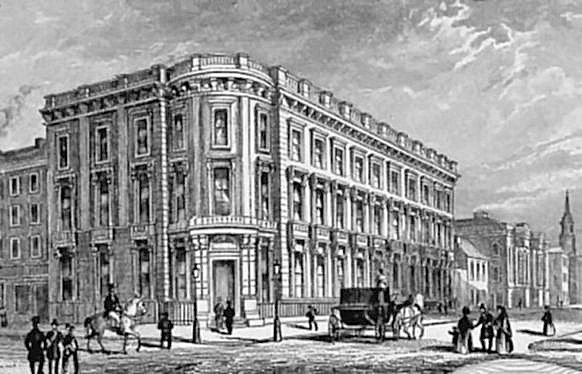 Engraving of British Linen Bank at corner of Queen Street and Ingram Street