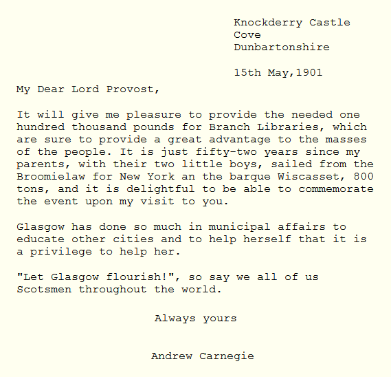Letter from andrew Carnegie to Lord Provost of Glasgow, 15th May 1901
