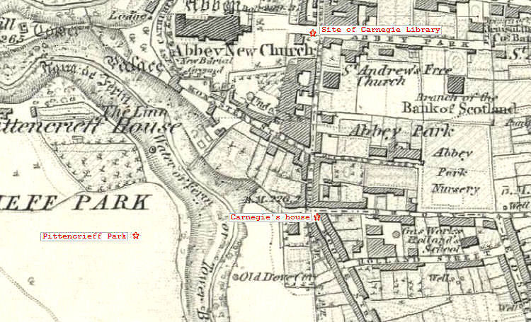 Mid- 19th century map of Dunfermline at the time the Carnegie family emigrated to America