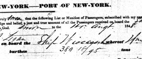 List of passengers arriving in New York City, 1848