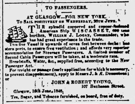 Notice from Glasgow Herald, 16th June 1848, regarding S.V. Wiscasset