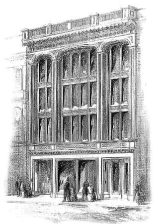 Engraving of cast iron fronted warehouse at 60-66 Jamaica Street