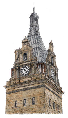 Drawing of clock tower at Grand Central Hotel, Glasgow