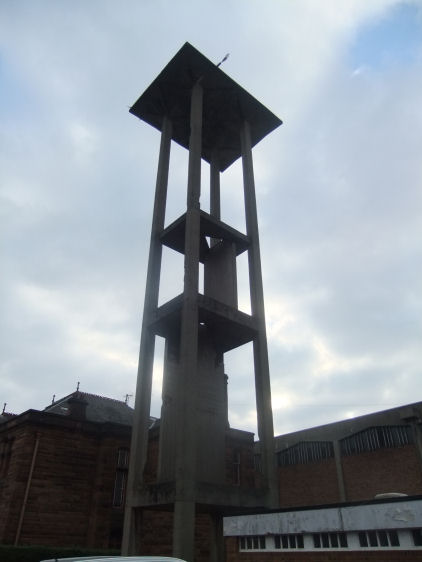 Detached concrete bell tower at  St Charles Borromeo Church, Glasgow