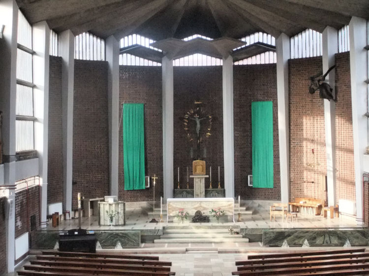 Apse of  St Charles Borromeo Church showing concrete roof structure over the altar