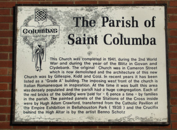 Plaque at St Columba's Church outlining the history of the building