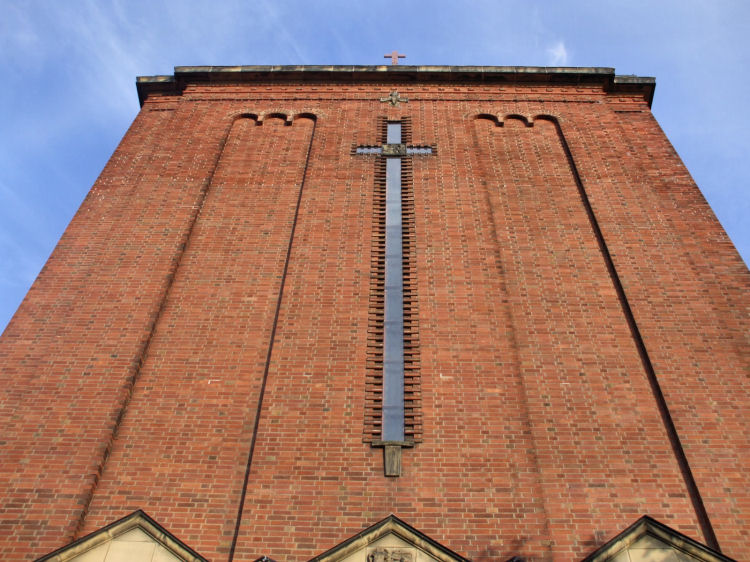 Upwards view of front of St Columba's Church