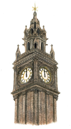 Drawing of tower and spire of Albert Memorial Clock, Belfast by Gerald Blaikie