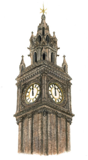 Drawing of tower and spire of Albert Memorial Clock, Belfast by Gerald Blaikie