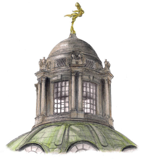 Drawing of Statue of Ariel on dome of Bank of England, London, by Gerald Blaikie