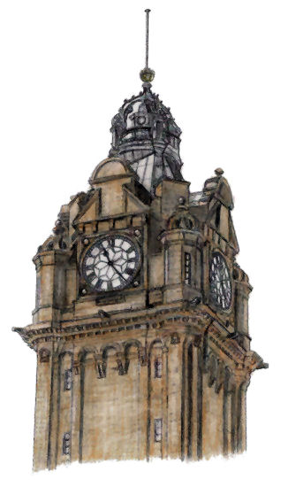 Drawing  of clock tower of Balmoral Hotel, Edinburgh, Scotland, by Gerald Blaikie