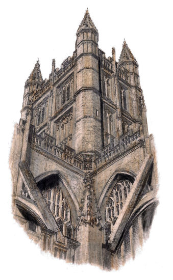 Drawing of flying butresses and tower of Bath Abbey by Gerald Blaikie
