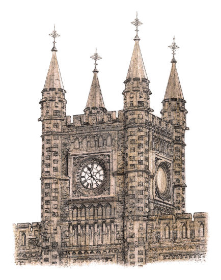 Drawing of clock tower at Temple Meads Station, Bristol, by Gerald Blaikie