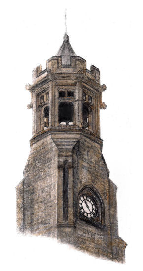 Drawing of clock tower at Carlisle Station, Cumbria, by Gerald Blaikie
