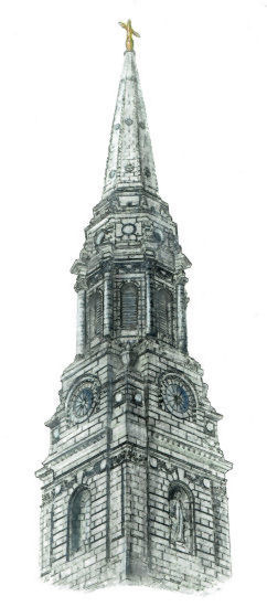 Drawing of tower at Cathedral of St Patrick and St Felim, Cavan, Ireland, by Gerald Blaikie