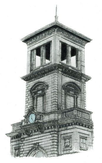 Drawing of clock tower at Connolly Station, Dublin by Gerald Blaikie