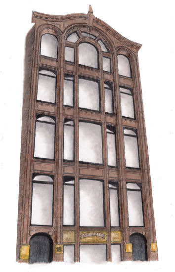 Drawing of offices designed by Peter Ellis at Cook Street, Liverpool by Gerald Blaikie