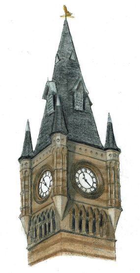 Drawing of clock tower at Darlington, County Durham by Gerald Blaikie
