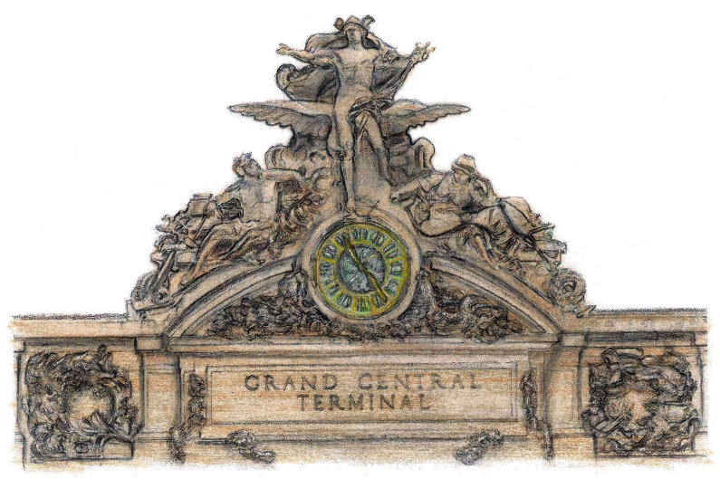 Drawing of sculpture at entrance to Grand Central Terminal, New York City