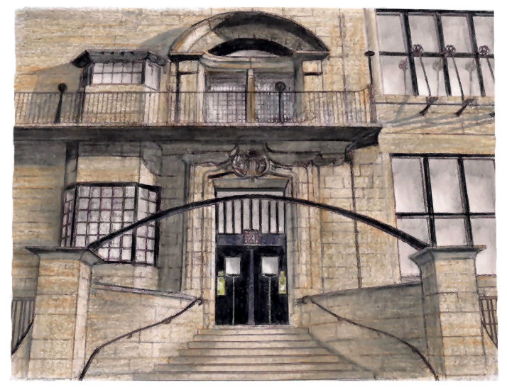 Drawing  of entrance to Glasgow School of Art by Gerald Blaikie