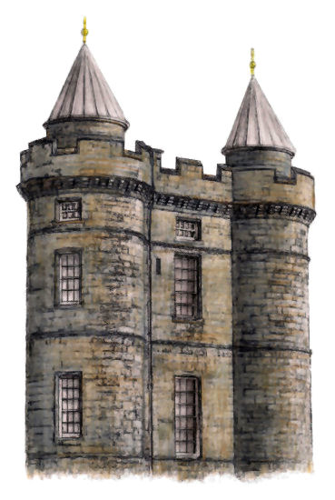 Drawing  of towers of Palace of Holyroodhouse, Edinburgh, Scotland, by Gerald Blaikie