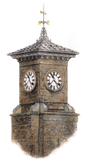 Drawing of Clock tower at King's Cross Station, London, by Gerald Blaikie