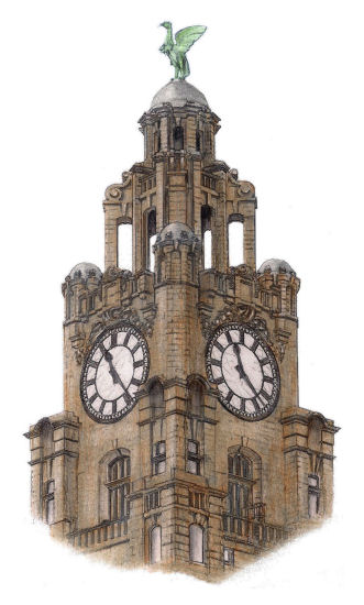 Drawing of clock tower and statue at Royal Liver Building, Liverpool, by Gerald Blaikie