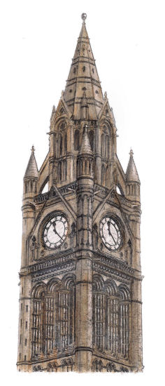 Drawing of clock tower at Manchester Town Hall by Gerald Blaikie