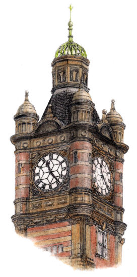 Drawing of clock tower at Marylebone Station, London, by Gerald Blaikie