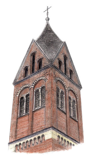 Drawing of tower of St Mary's R.C. Church, Manchester by Gerald Blaikie