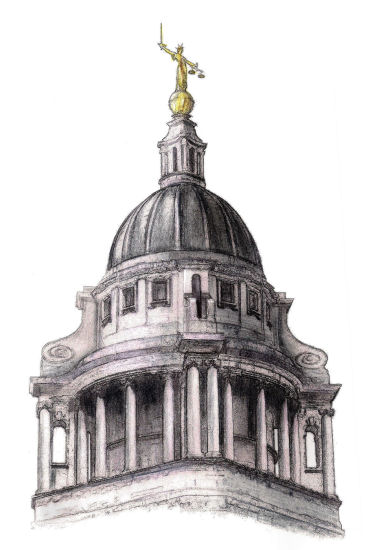 Drawing of dome of Old Bailey, London, with statue of Lady Justice, by Gerald Blaikie