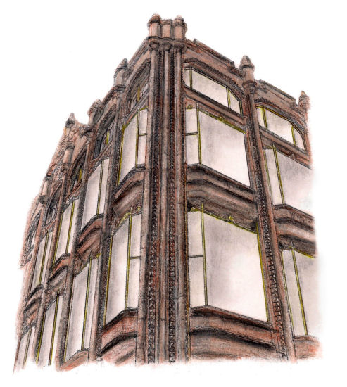 Drawing of Oriel Chambers, Liverpool by Gerald Blaikie