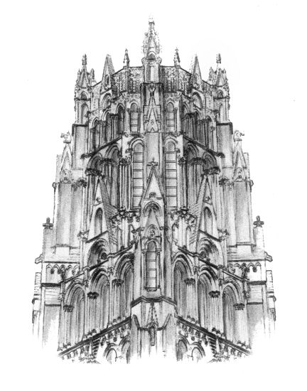 Drawing of tower of Riverside Church, New York City