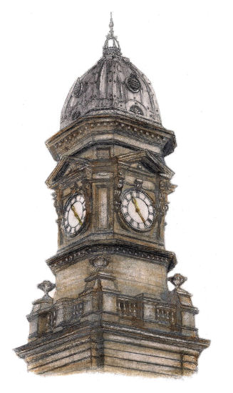 Drawing of clock tower at Scarborough Station, Yorkshire, by Gerald Blaikie