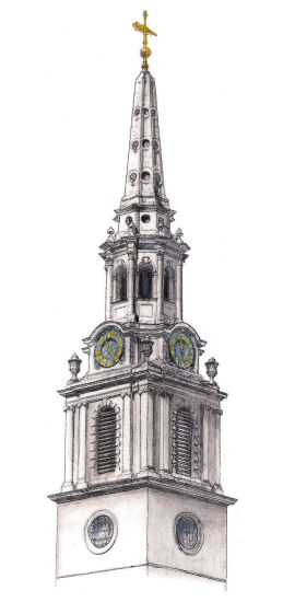 Drawing of spire of St Martin-in-the fields, London, by Gerald Blaikie