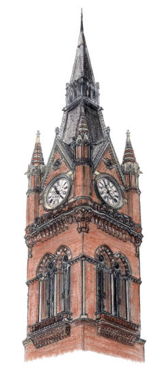 Drawing of clock tower at St Pancras Station, London, by Gerald Blaikie