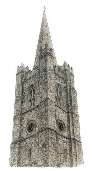 Drawing of tower and spire of St Patrick's Cathedral, Dublin, by Gerald Blaikie