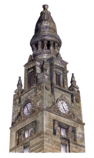 Drawing  of tower of St. Vincent Street Church by Gerald Blaikie