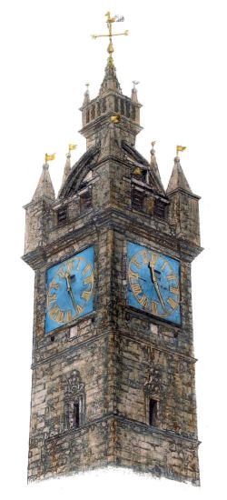 Drawing  of steeple and clocktower of Tolbooth, Glasgow, Scotland, by Gerald Blaikie