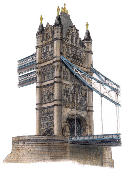 Drawing of North Tower at Tower Bridge, London by Gerald Blaikie