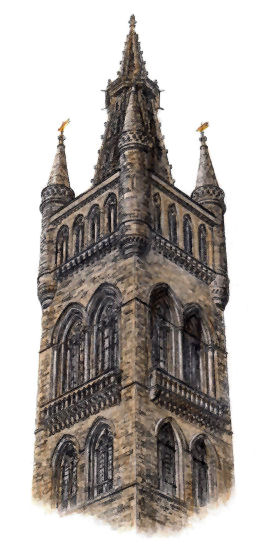 Drawing  of tower of Glasgow University, Scotland, by Gerald Blaikie