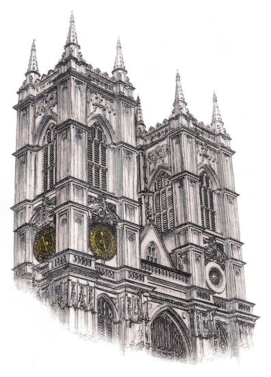 Drawing of western towers of Westminster Abbey by Gerald Blaikie