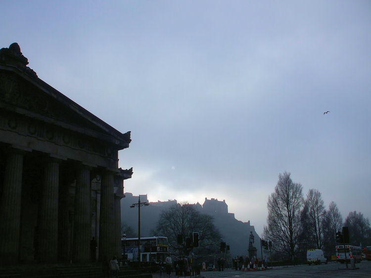 Foggy midwinter light in Princes Street, Edinburgh
