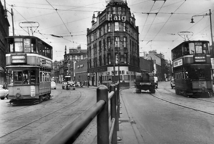 Junction at Eglinton Toll in 1950's after erection of barricade separating tram routes