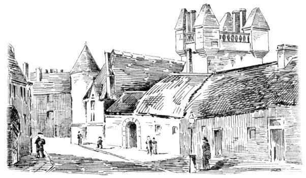 Pencil sketch of single storey buildings in side street off Main Street, Gorbals, 1839