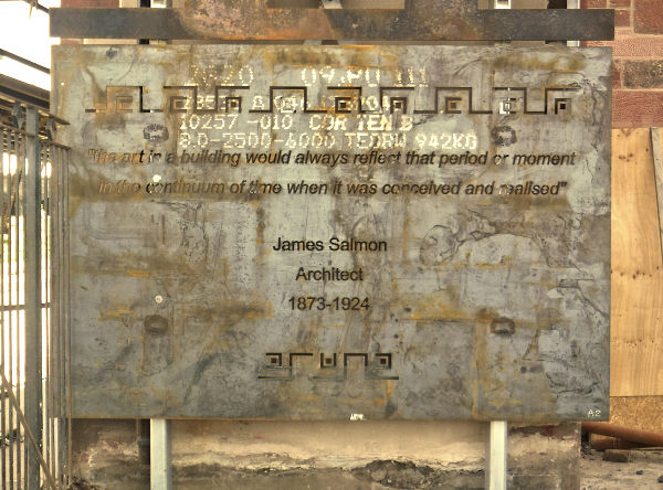Steel plate with quotation from James Salmon, Architect, September 2019