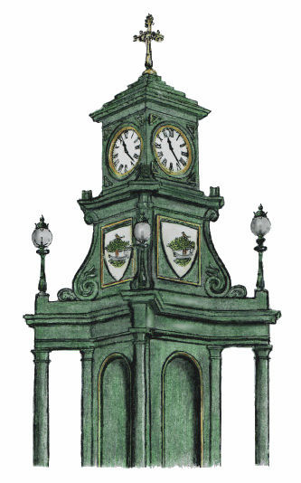 Drawing of clock tower over drinking fountain at Gorbals Cross